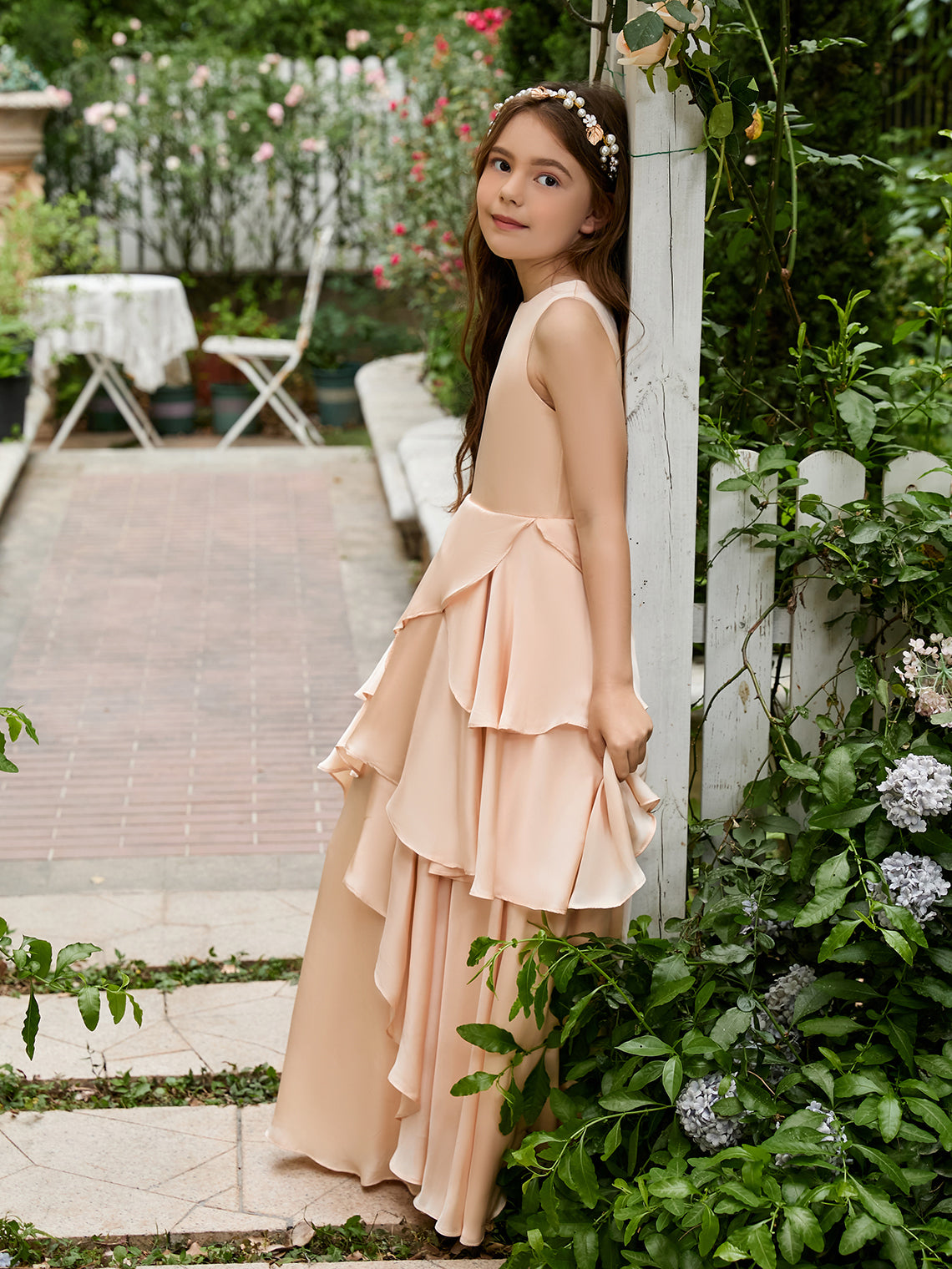 Vestido de niña de las flores de corte A, de gasa color melocotón claro hasta el suelo 