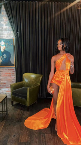 Robe de soirée sexy orange sans manches en satin, tenue pour un 21e anniversaire, robe de soirée sexy Y782