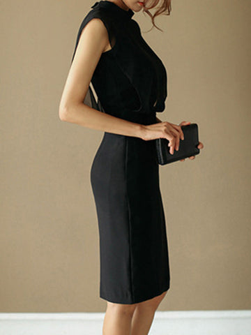 Vestidos de noche midi sueltos sin mangas de gasa calada transparente con abertura en la entrepierna, cremallera y cuello alto 