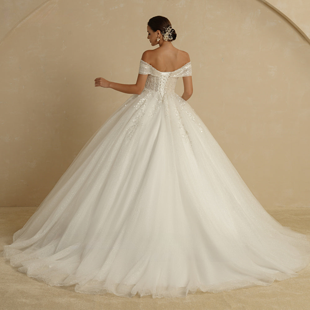 Robe de mariée princesse ivoire ornée de perles, épaules dénudées, sans manches, à paillettes, style bal de princesse 
