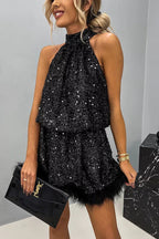 Robe babydoll mini dos nu à sequins et plumes « Il est temps de danser » 