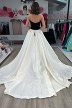 Club Chic A Line Strapless Black White Long Prom Dress with Sweep Train
