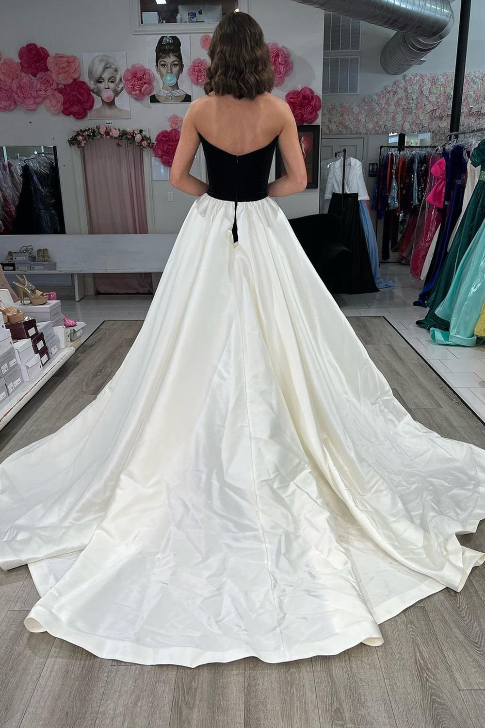 Club Chic A Line Strapless Black White Long Prom Dress with Sweep Train