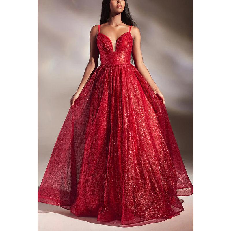 Vestido de noche largo de tul fruncido transparente con escote en A y escote en forma de corazón brillante