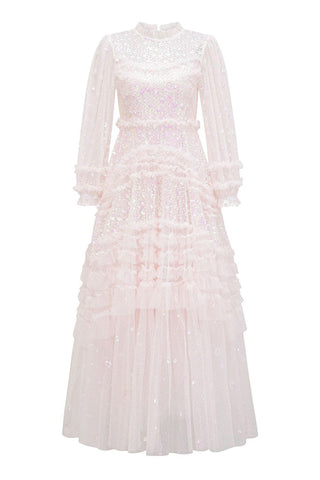 Vestido largo de noche de tul escalonado con cuello alto, volantes y lentejuelas brillantes de lunares