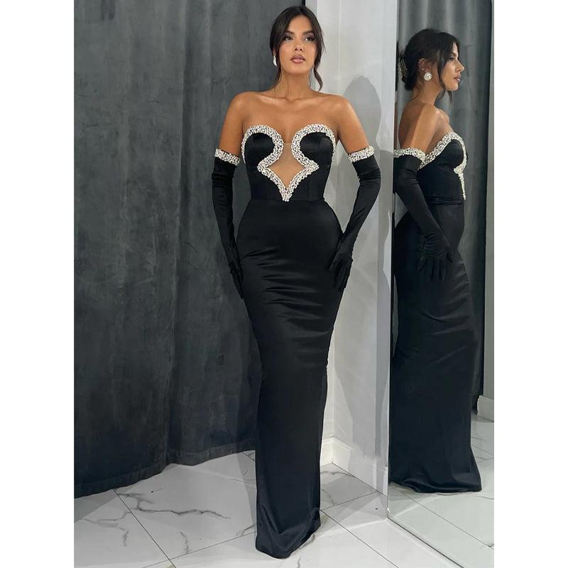 Vestido de fiesta de noche con mangas largas, escote en V y pliegues de satén con cuentas y sin tirantes 