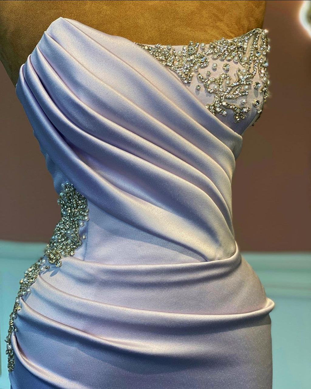 Split Front Strapless Mermaid Draped Long Prom Dress