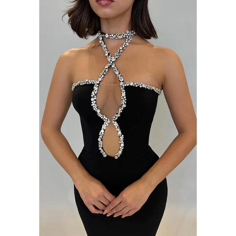 Robe de soirée sexy sans manches avec strass et dos nu