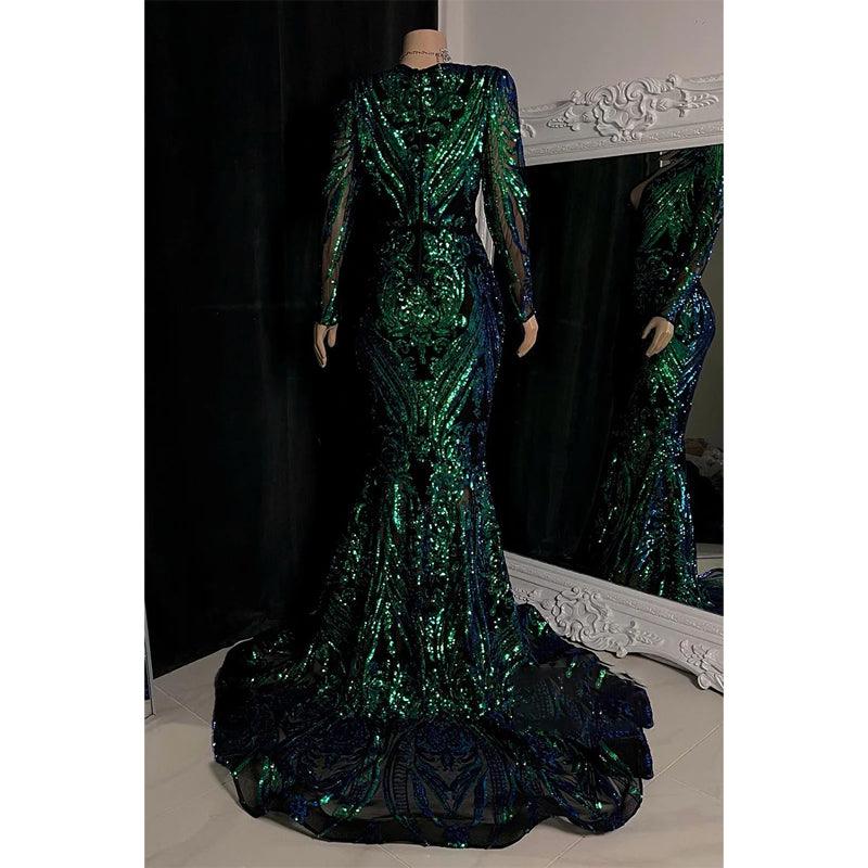 Vestido de fiesta de sirena con apliques de lentejuelas y escote en V sexy para chica negra para Slay