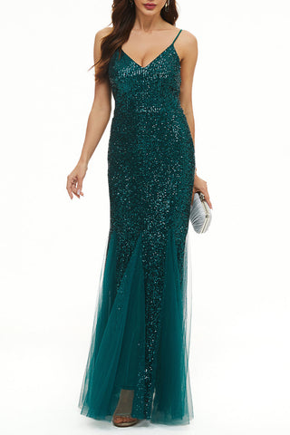 Robe de soirée sexy formelle unie patchwork col V 