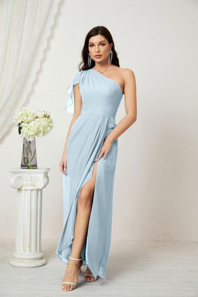 Baoleely  Chiffon Ruffled One Shoulder Long Bridesmaid Dresses A-line Formal Evening Gown Side Split 2809