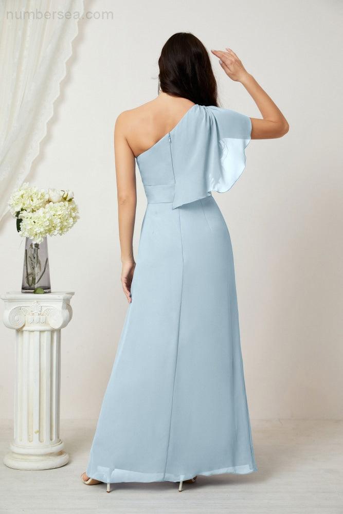 Baoleely  Chiffon Ruffled One Shoulder Long Bridesmaid Dresses A-line Formal Evening Gown Side Split 2809