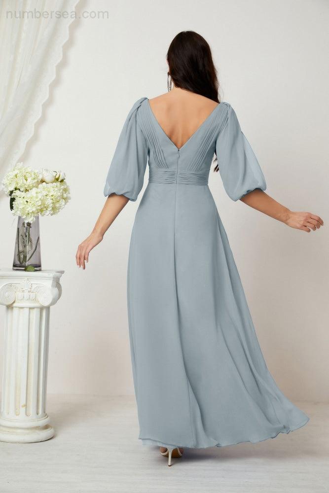 Baoleely  Formal Prom Gown Women V-Neck Chiffon Bridesmaid Dresses Long Bishop Sleeve Party Dress 2807