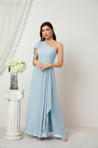 Baoleely  Chiffon Ruffled One Shoulder Long Bridesmaid Dresses A-line Formal Evening Gown Side Split 2809
