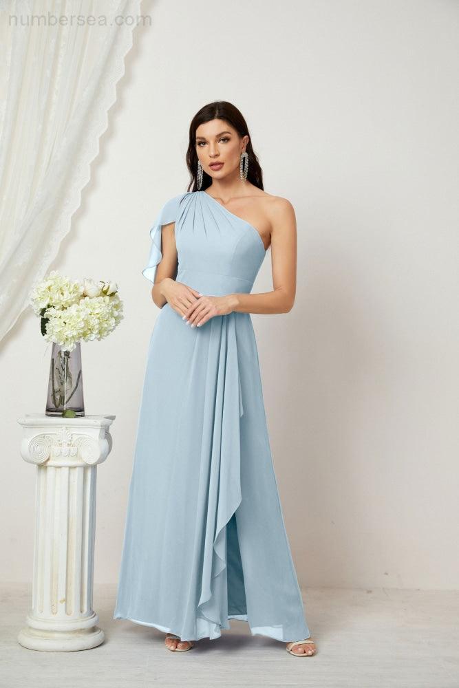 Baoleely  Chiffon Ruffled One Shoulder Long Bridesmaid Dresses A-line Formal Evening Gown Side Split 2809