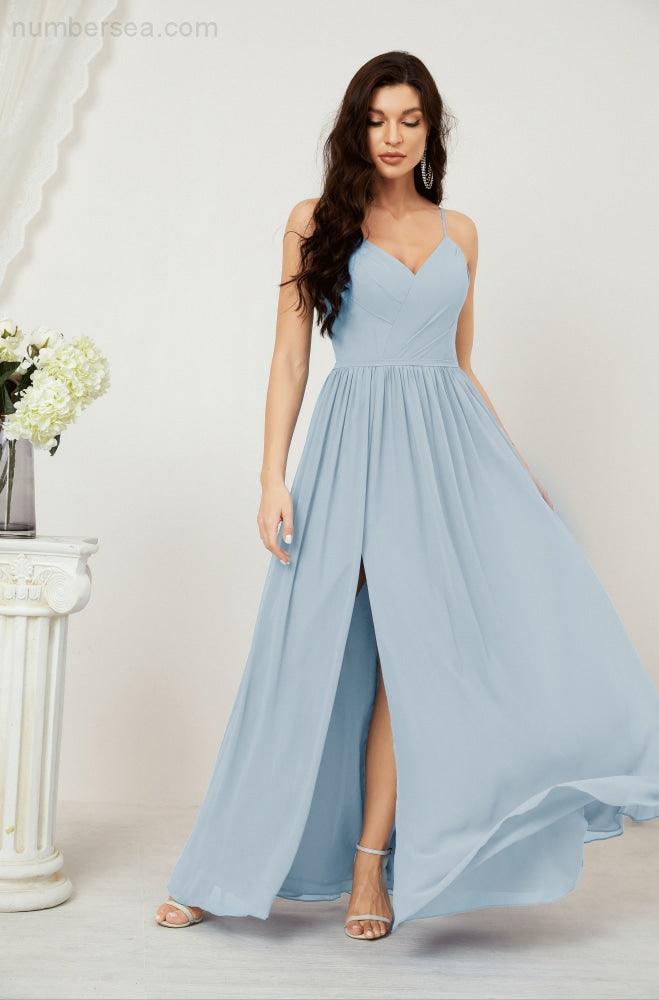 Robe de demoiselle d'honneur en mousseline de soie, longue, coupe trapèze, col en V, pour soirée de mariage, 2801 
