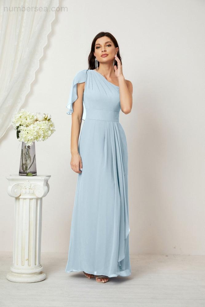 Baoleely  Chiffon Ruffled One Shoulder Long Bridesmaid Dresses A-line Formal Evening Gown Side Split 2809