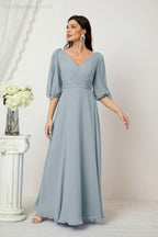 Baoleely  Formal Prom Gown Women V-Neck Chiffon Bridesmaid Dresses Long Bishop Sleeve Party Dress 2807