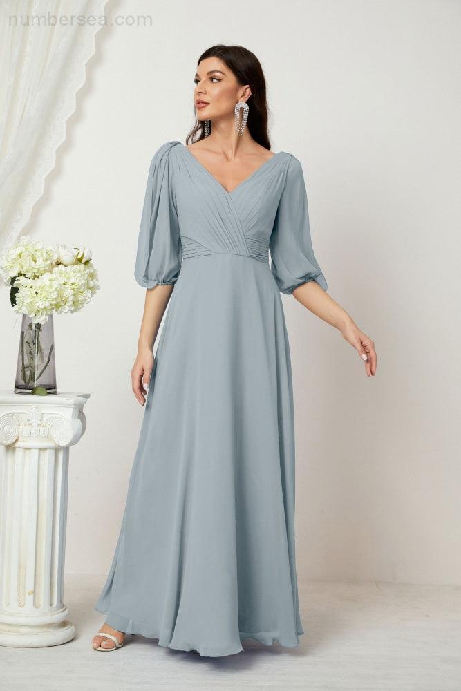 Baoleely  Formal Prom Gown Women V-Neck Chiffon Bridesmaid Dresses Long Bishop Sleeve Party Dress 2807