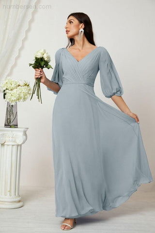 Baoleely  Formal Prom Gown Women V-Neck Chiffon Bridesmaid Dresses Long Bishop Sleeve Party Dress 2807