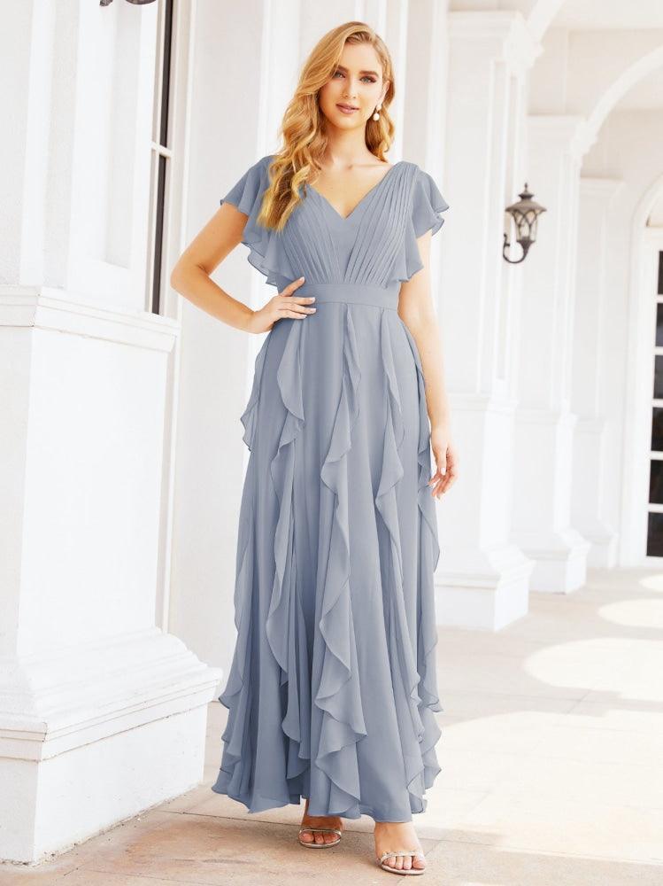 Ruffled Bridesmaid Dresses with Sleeves Long Formal Party Dress 28041