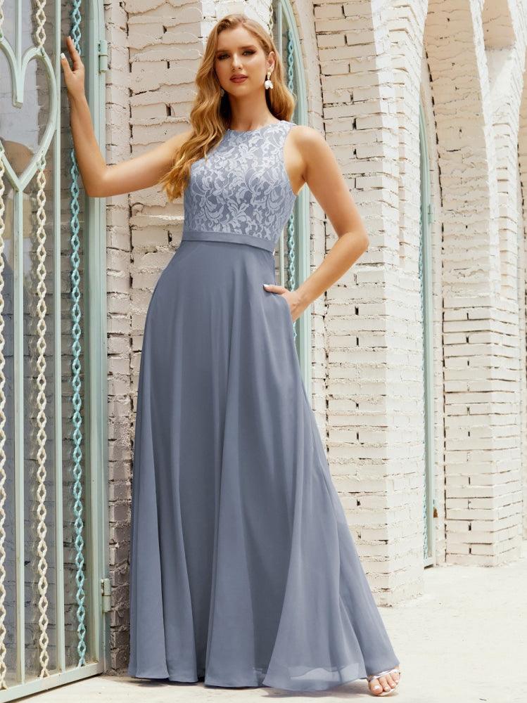Robe de demoiselle d'honneur en dentelle, longueur au sol, avec poches, 28017 