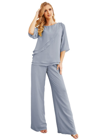 Elegante conjunto de pantalón y bata plateada de dos piezas para la madre de la novia, talla grande, con volantes, Sunderly Elegant SY28064