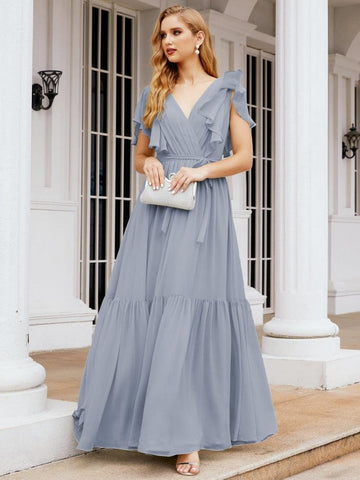 Vestido de fiesta formal de noche con espalda descubierta para mujer Baoleely, escote en V, largo, de gasa, con cinturón a la cintura 28038