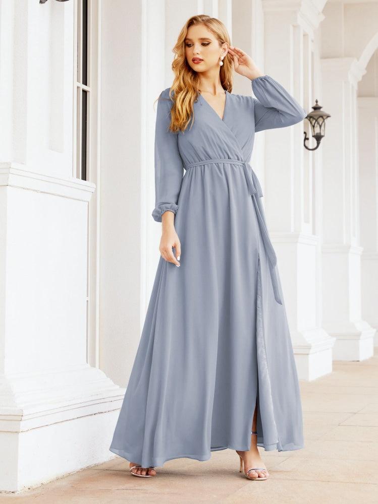 Vestido de dama de honor de gasa para mujer Sunderly, corte en A, manga larga, vestido de noche formal para invitada de boda SY28032 