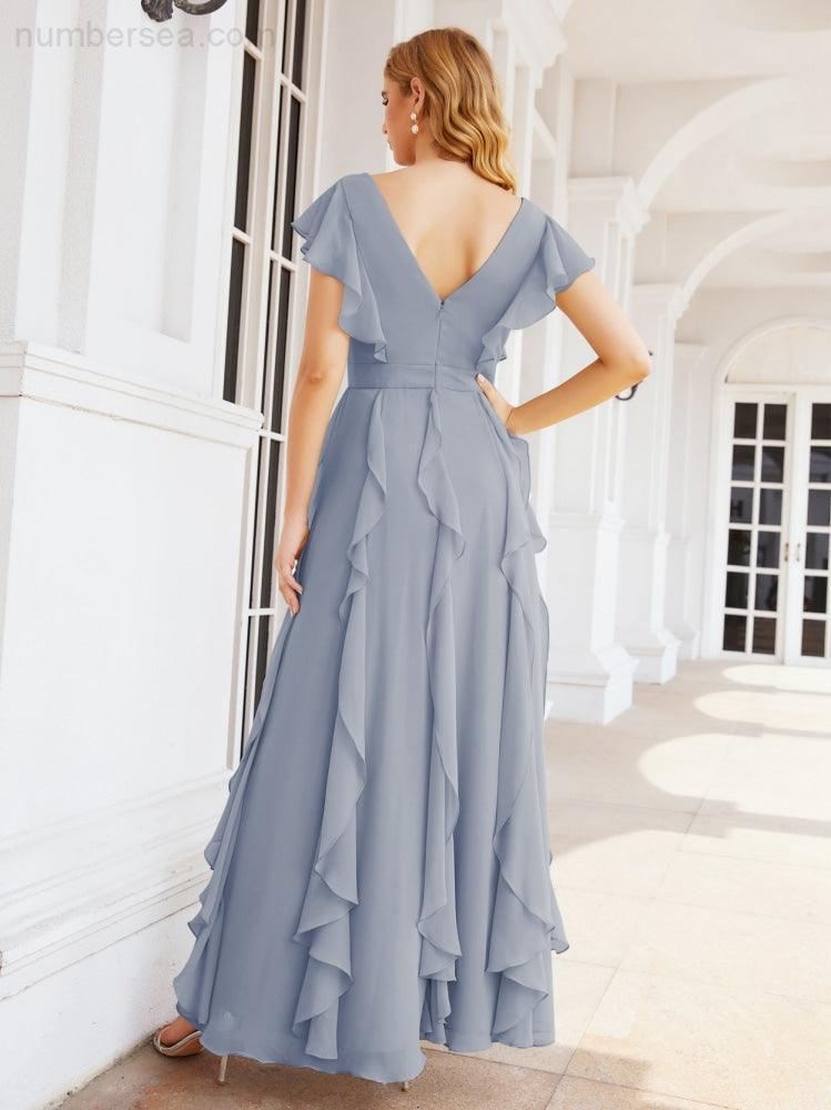 Ruffled Bridesmaid Dresses with Sleeves Long Formal Party Dress 28041