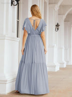 Baoleely Women's Open Back Formal Evening Party Prom Gowns V-Neck Long Chiffon Bridesmaid Dresses with Waist Belt 28038