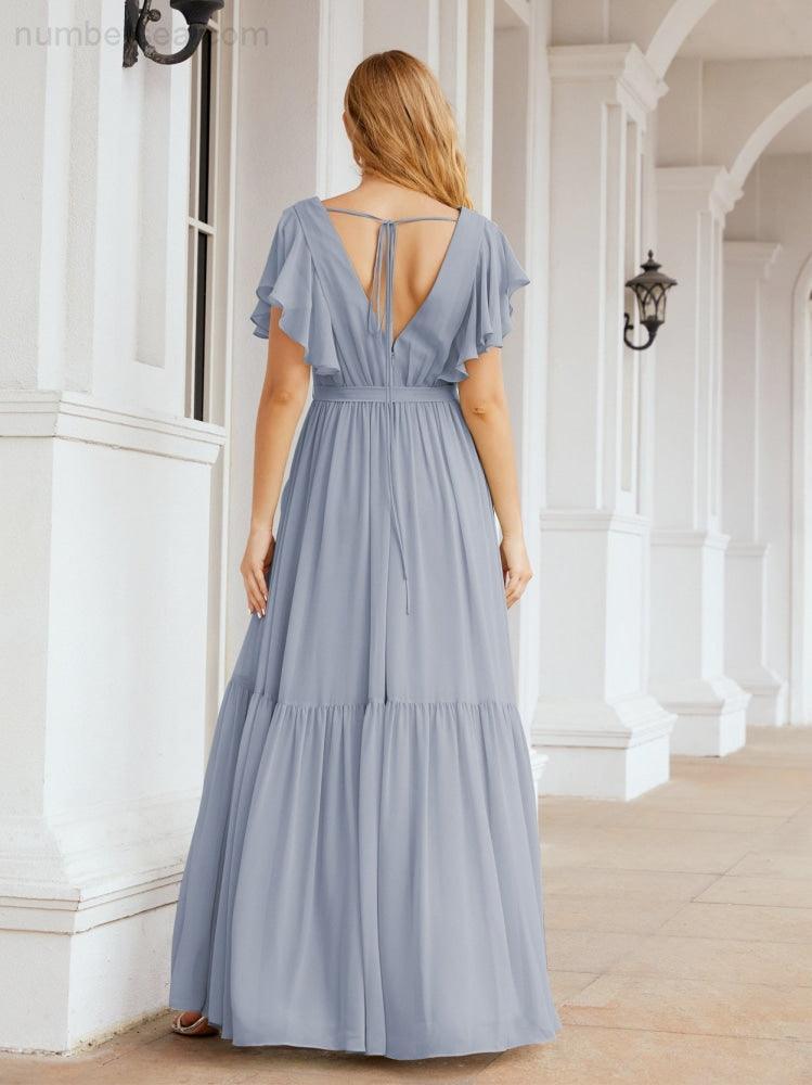 Baoleely Women's Open Back Formal Evening Party Prom Gowns V-Neck Long Chiffon Bridesmaid Dresses with Waist Belt 28038