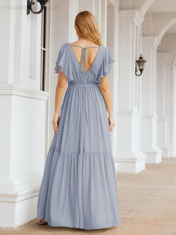 Vestido de fiesta formal de noche con espalda descubierta para mujer Baoleely, escote en V, largo, de gasa, con cinturón a la cintura 28038