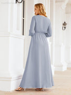 Vestido de dama de honor de gasa para mujer Sunderly, corte en A, manga larga, vestido de noche formal para invitada de boda SY28032 