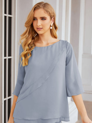 Elegante conjunto de pantalón y bata plateada de dos piezas para la madre de la novia, talla grande, con volantes, Sunderly Elegant SY28064