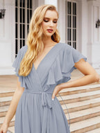 Baoleely Women's Open Back Formal Evening Party Prom Gowns V-Neck Long Chiffon Bridesmaid Dresses with Waist Belt 28038