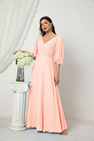 Baoleely  Formal Prom Gown Women V-Neck Chiffon Bridesmaid Dresses Long Bishop Sleeve Party Dress 2807