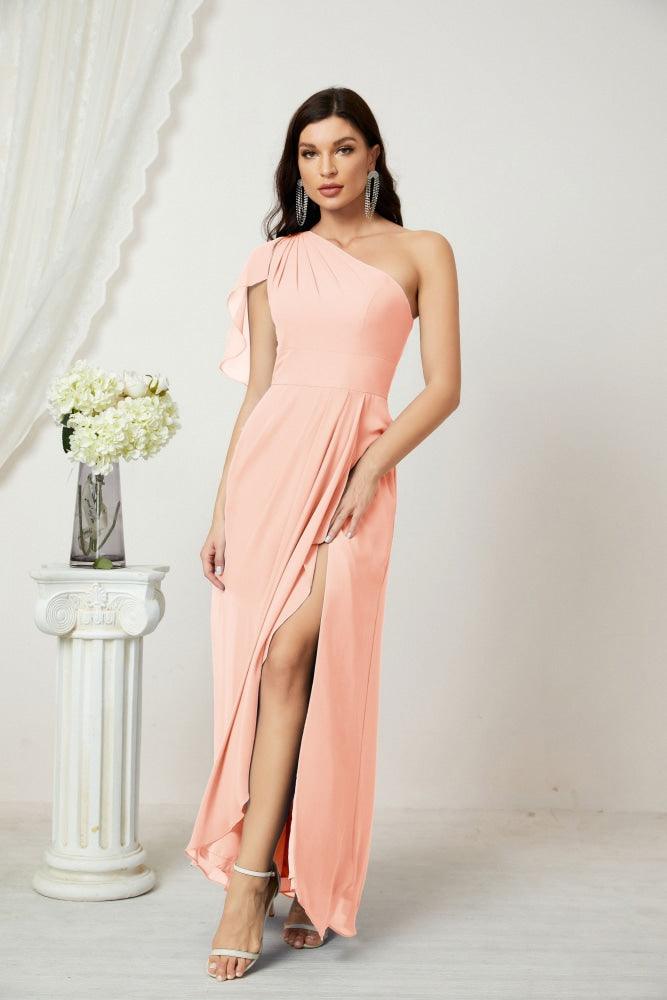 Baoleely  Chiffon Ruffled One Shoulder Long Bridesmaid Dresses A-line Formal Evening Gown Side Split 2809