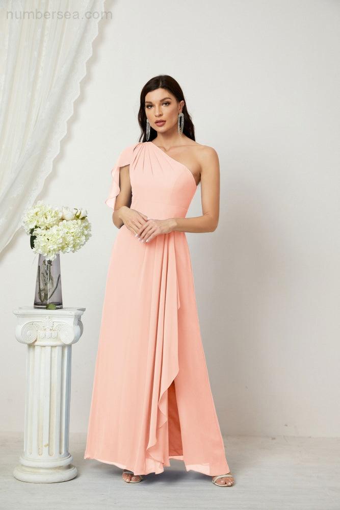 Baoleely  Chiffon Ruffled One Shoulder Long Bridesmaid Dresses A-line Formal Evening Gown Side Split 2809