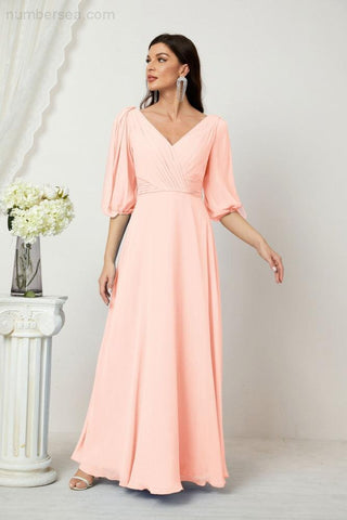 Baoleely  Formal Prom Gown Women V-Neck Chiffon Bridesmaid Dresses Long Bishop Sleeve Party Dress 2807