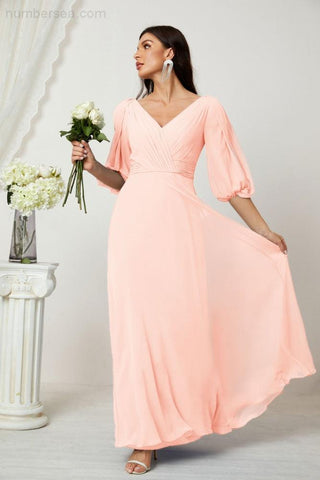 Baoleely  Formal Prom Gown Women V-Neck Chiffon Bridesmaid Dresses Long Bishop Sleeve Party Dress 2807