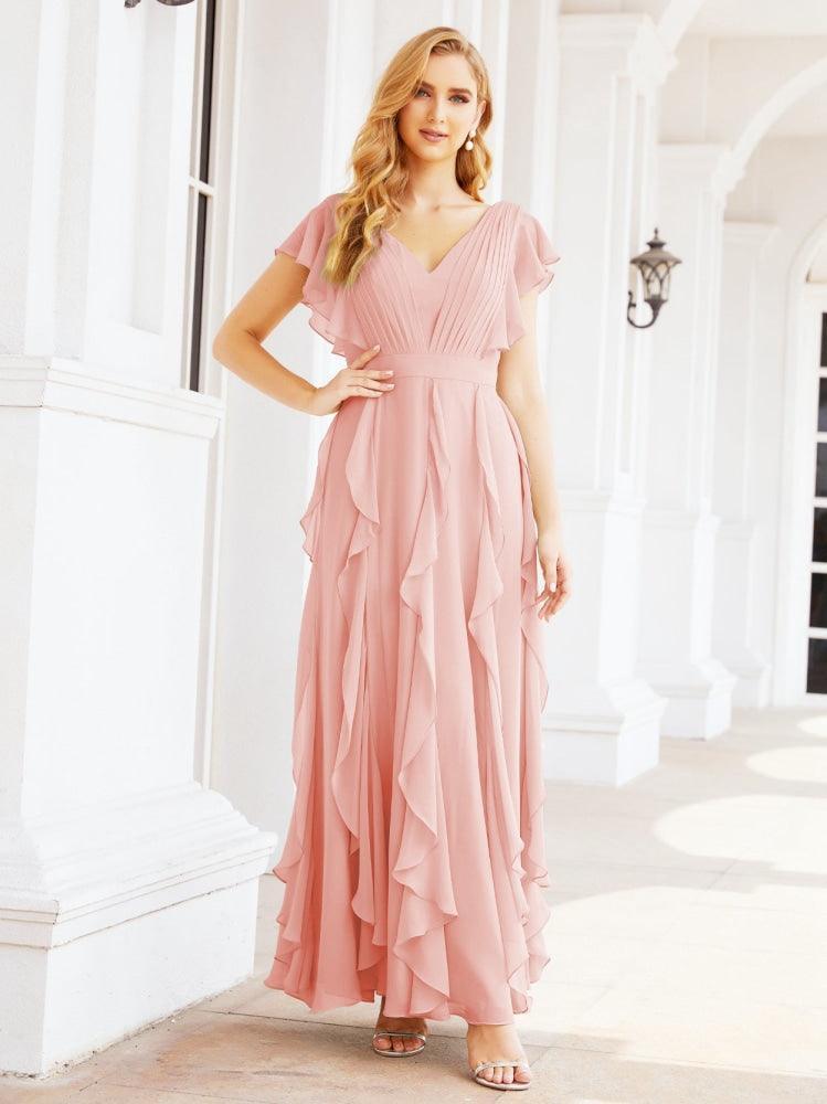 Ruffled Bridesmaid Dresses with Sleeves Long Formal Party Dress 28041