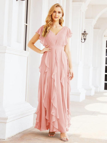 Vestidos de dama de honor con volantes y mangas, vestido largo de fiesta formal 28041 