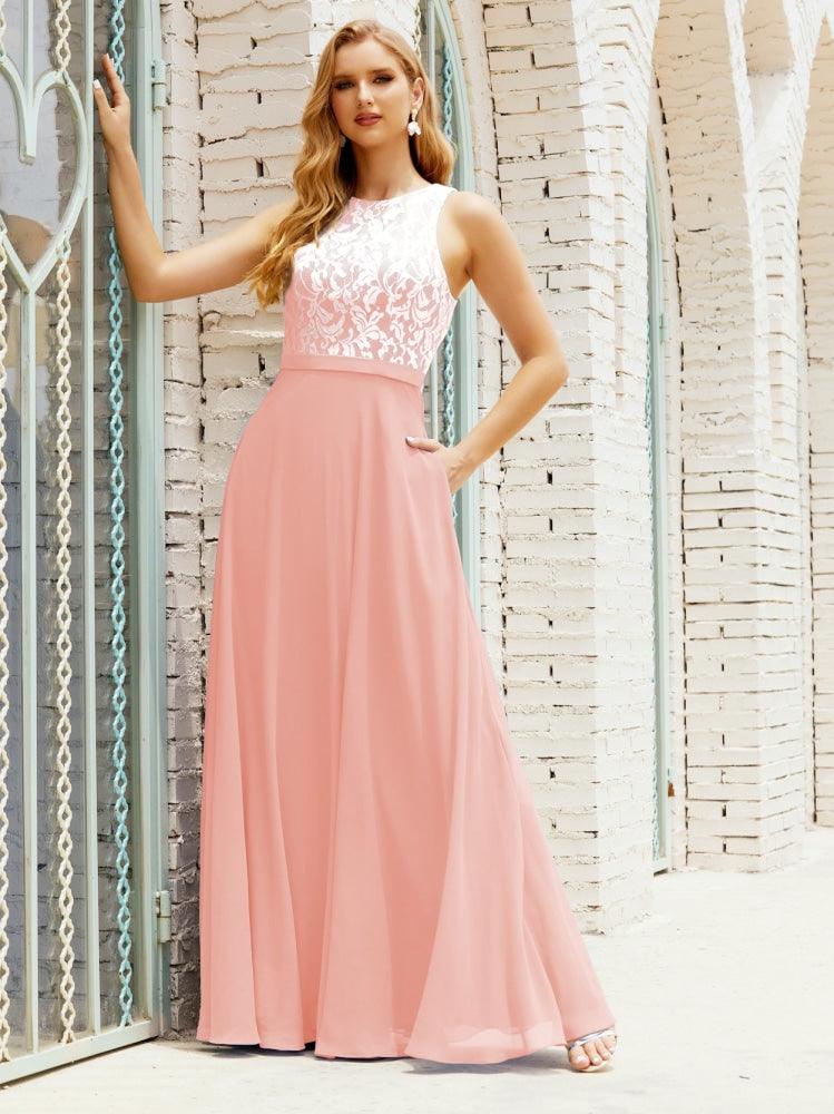 Vestido de dama de honor de encaje, largo hasta el suelo, con bolsillos, 28017 