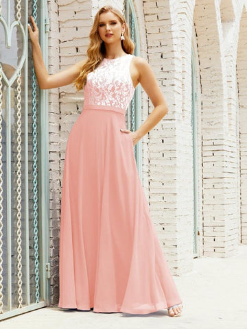 Vestido de dama de honor de encaje, largo hasta el suelo, con bolsillos, 28017 