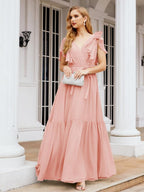 Baoleely Women's Open Back Formal Evening Party Prom Gowns V-Neck Long Chiffon Bridesmaid Dresses with Waist Belt 28038