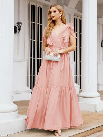 Vestido de fiesta formal de noche con espalda descubierta para mujer Baoleely, escote en V, largo, de gasa, con cinturón a la cintura 28038