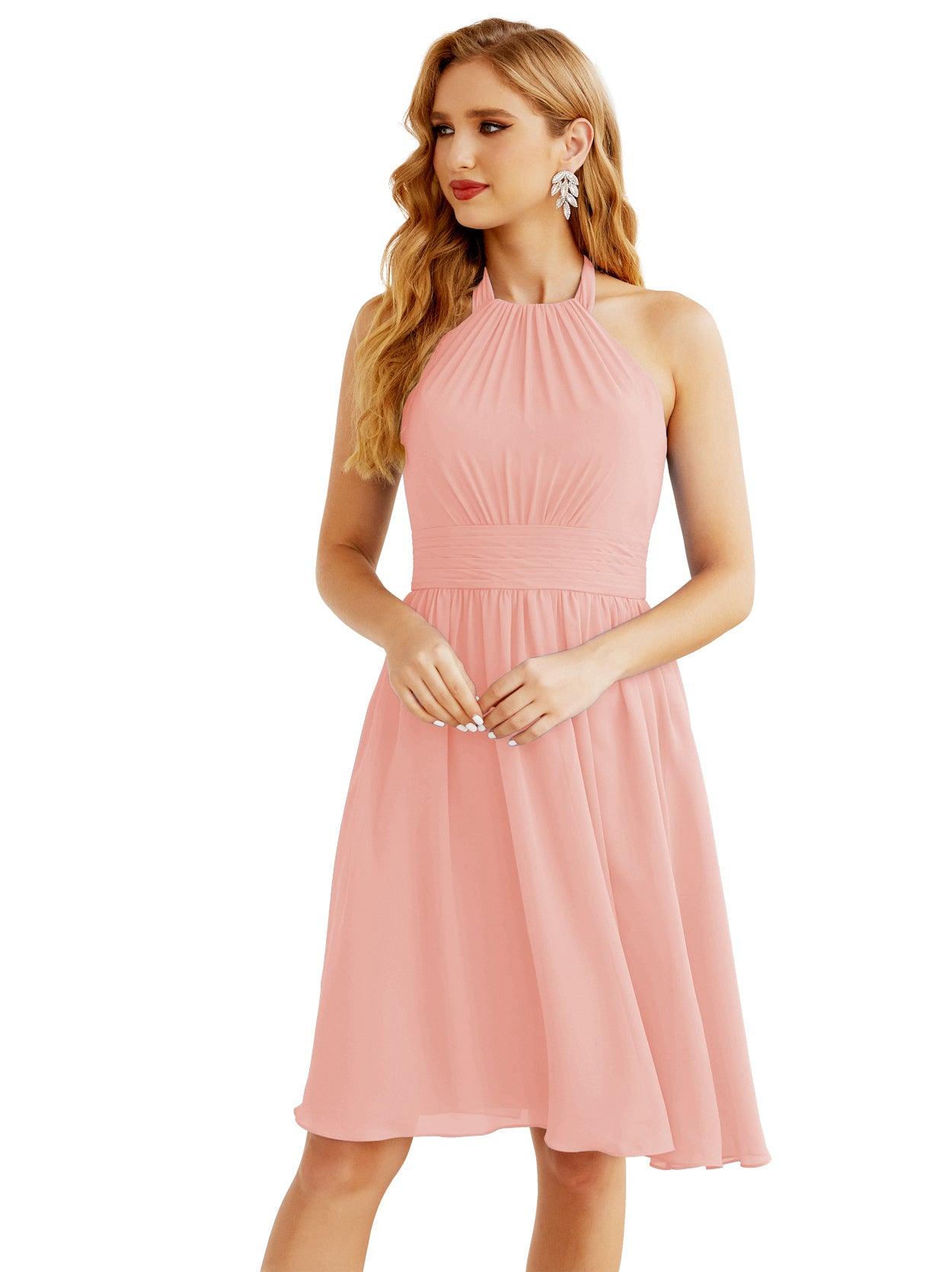 Baoleely - Vestido de dama de honor de gasa con cuello halter, corto, sin mangas, formal, para fiesta, espalda descubierta, 28023 