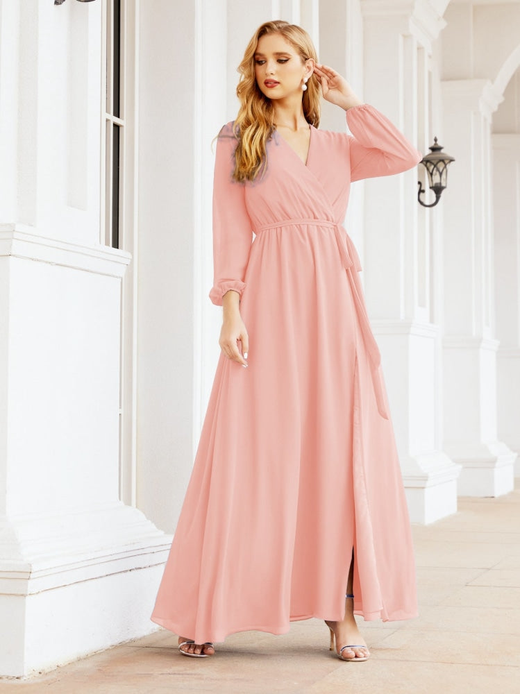 Vestido de dama de honor de gasa para mujer Sunderly, corte en A, manga larga, vestido de noche formal para invitada de boda SY28032 