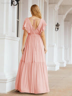 Baoleely Women's Open Back Formal Evening Party Prom Gowns V-Neck Long Chiffon Bridesmaid Dresses with Waist Belt 28038